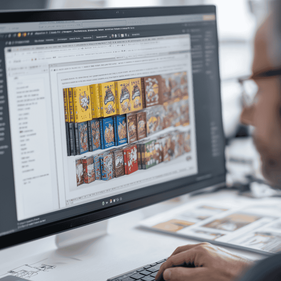 Person working on a computer editing colorful packaging designs on the screen.