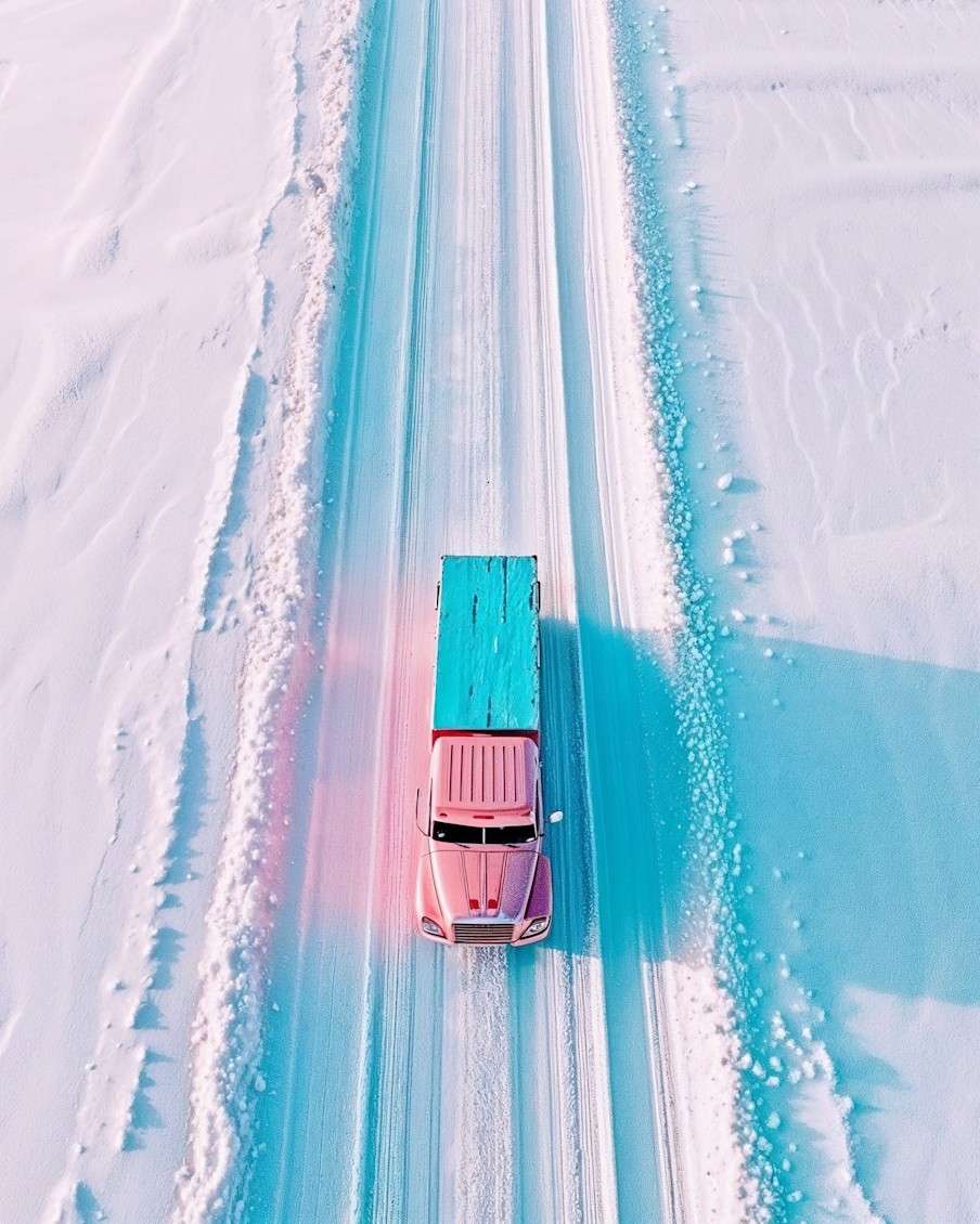 A pink truck with a turquoise cargo bed driving on a snowy road, viewed from above.