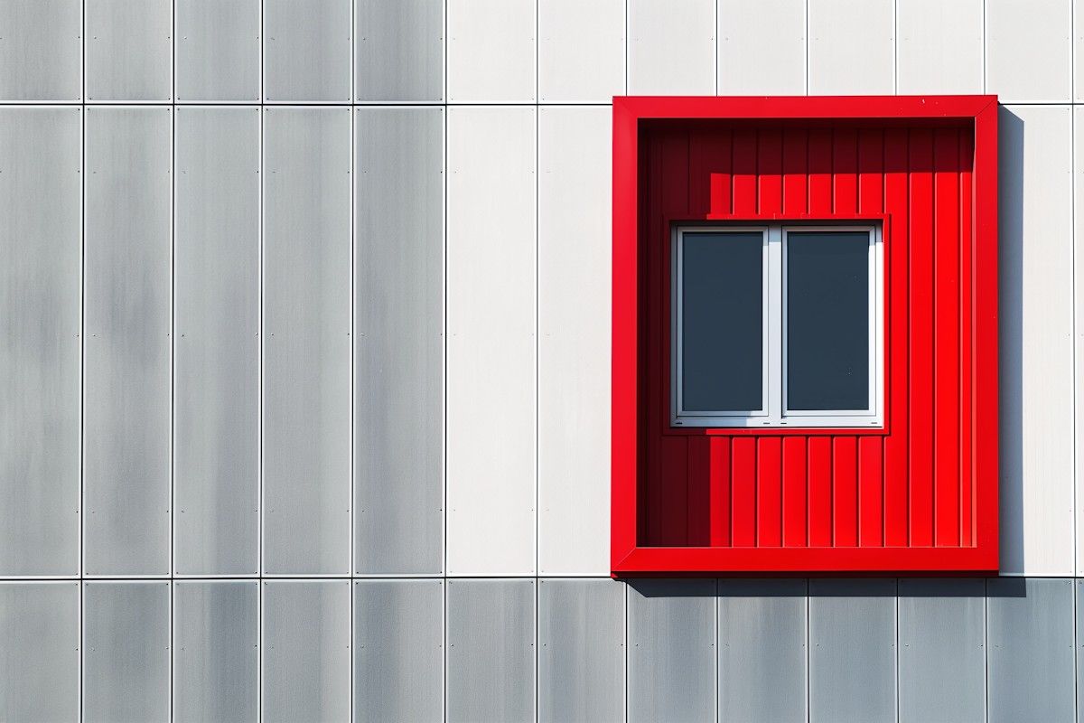 Modern building facade with red-framed window on a white and gray paneled wall.
