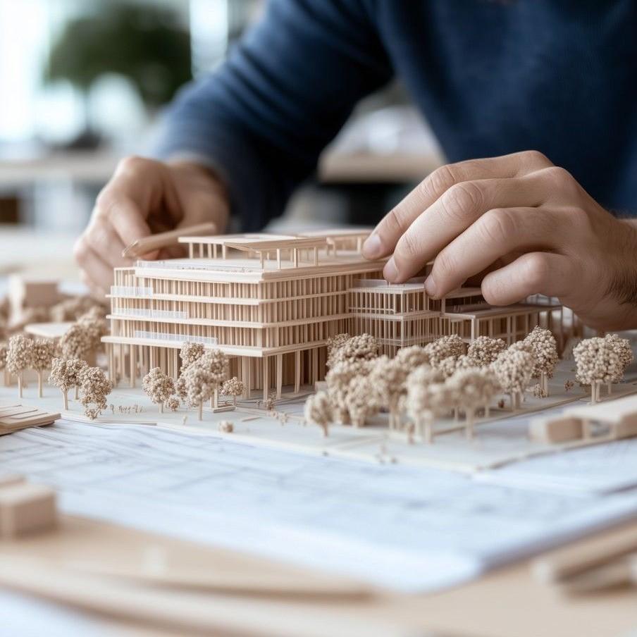 Architect adjusting details on a wooden architectural model of a multi-story building with trees.