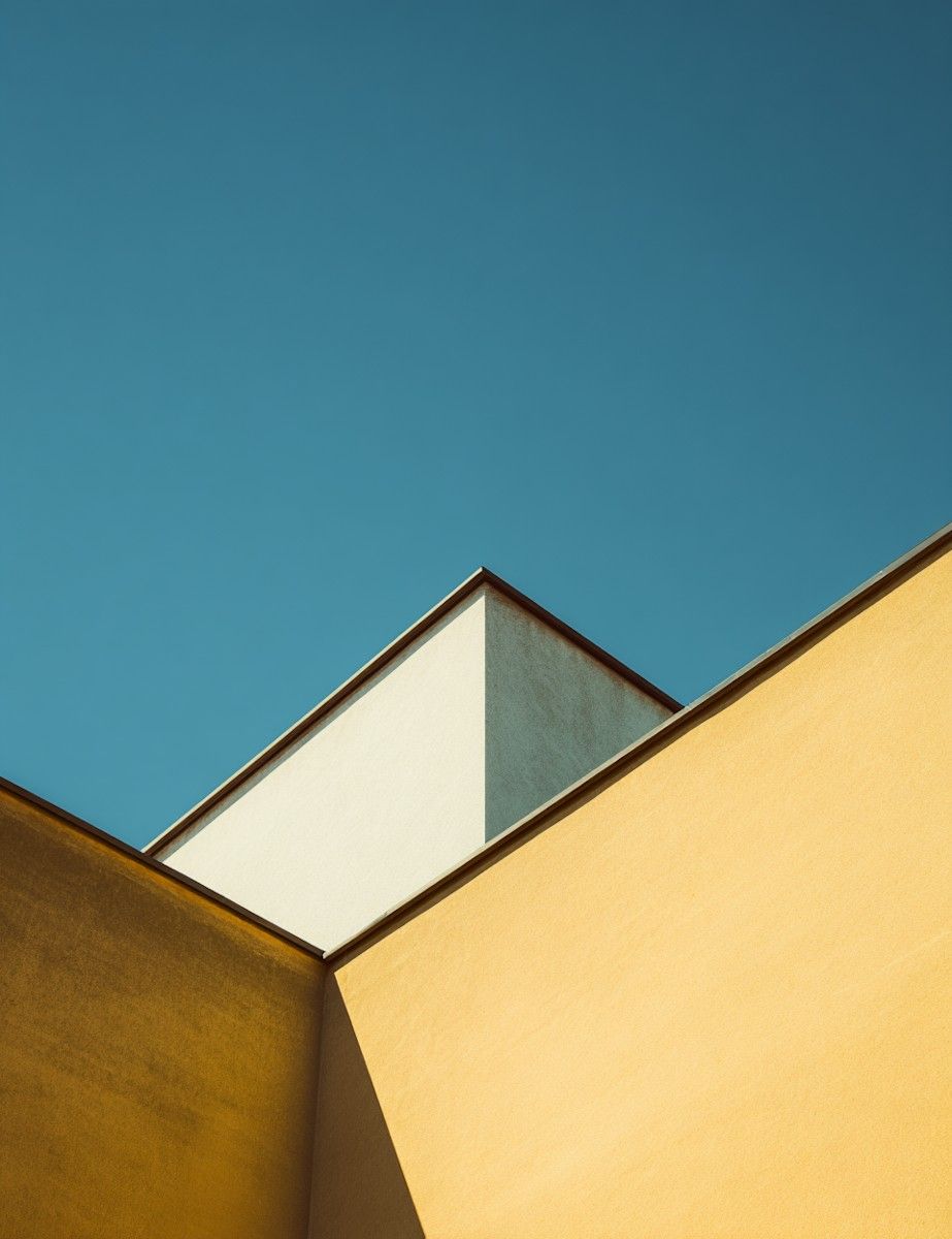 Minimalist architecture with yellow and white walls forming geometric shapes against blue sky.