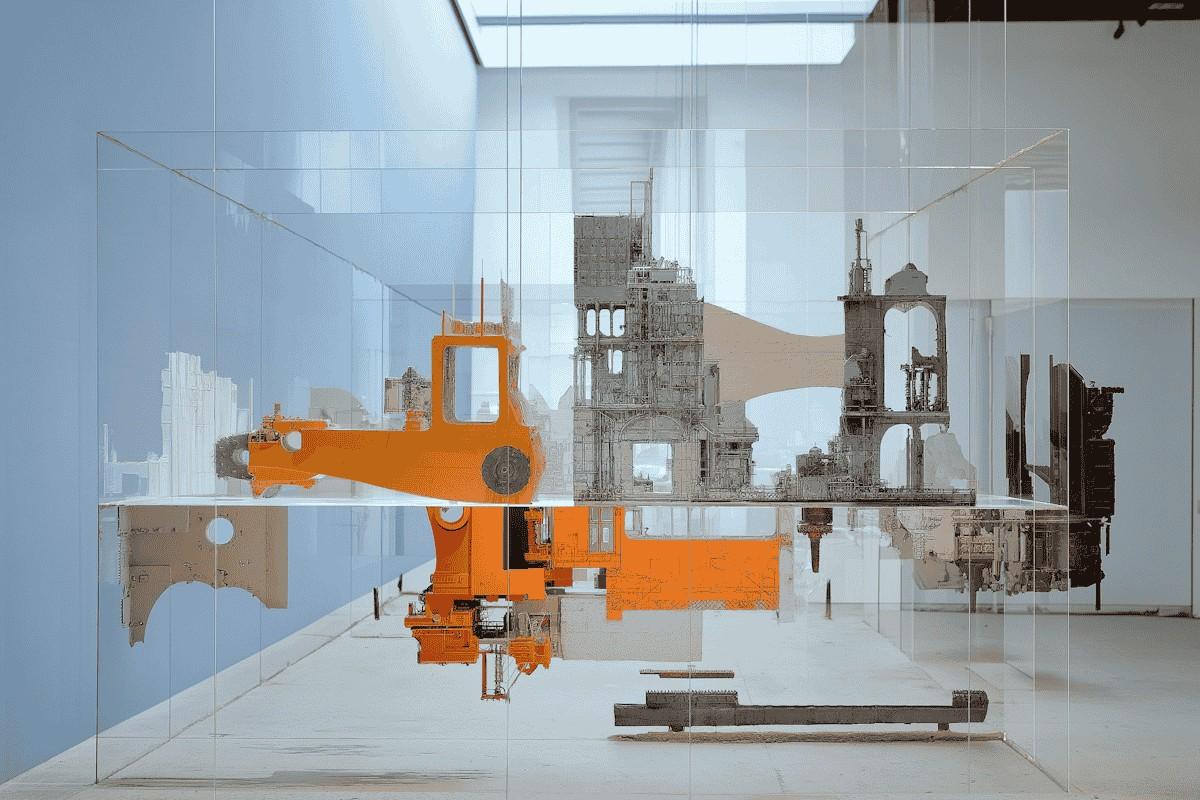 Modern art installation of orange and gray industrial shapes suspended in a glass and metal frame.