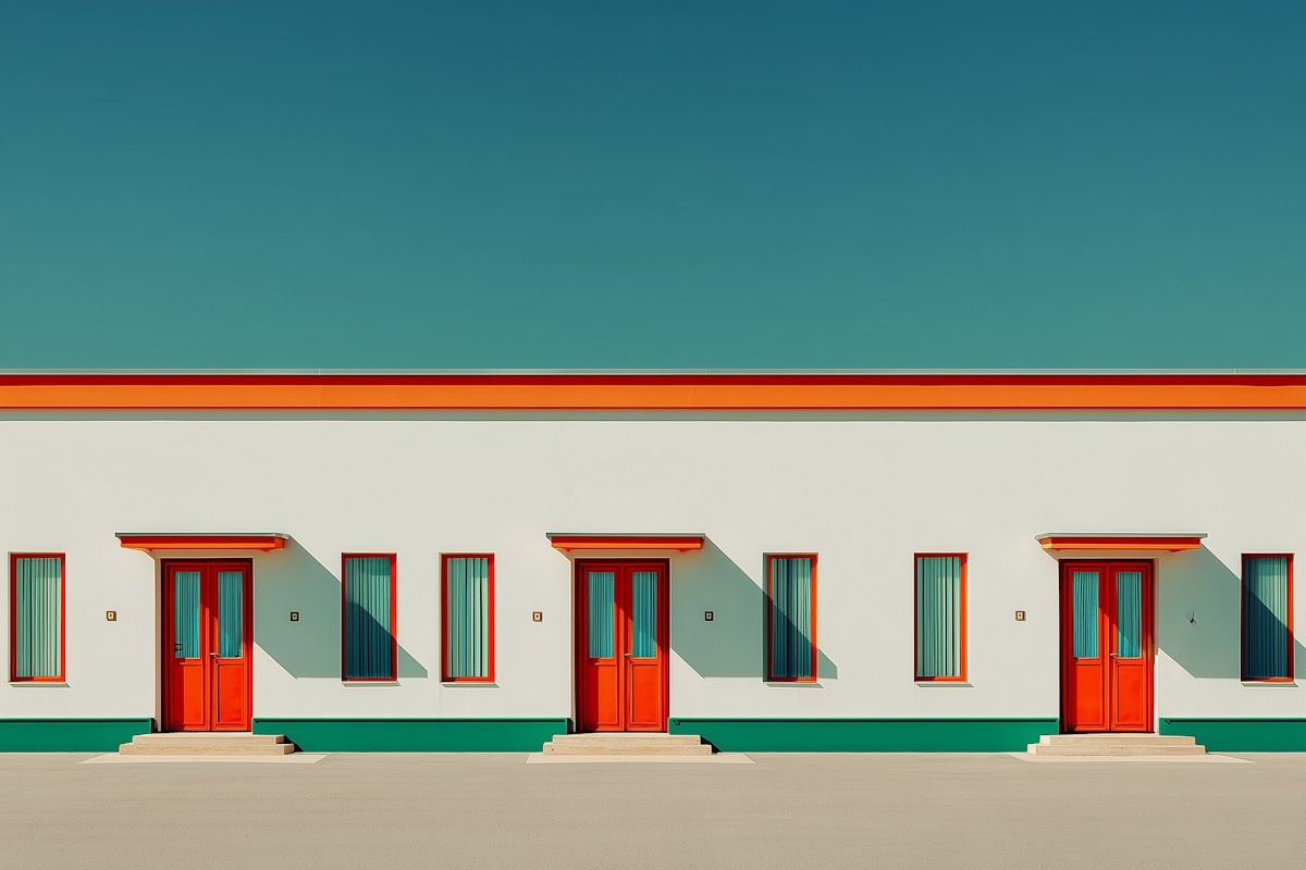 Minimalist building facade with three red doors, green base, and windows under a clear blue sky.