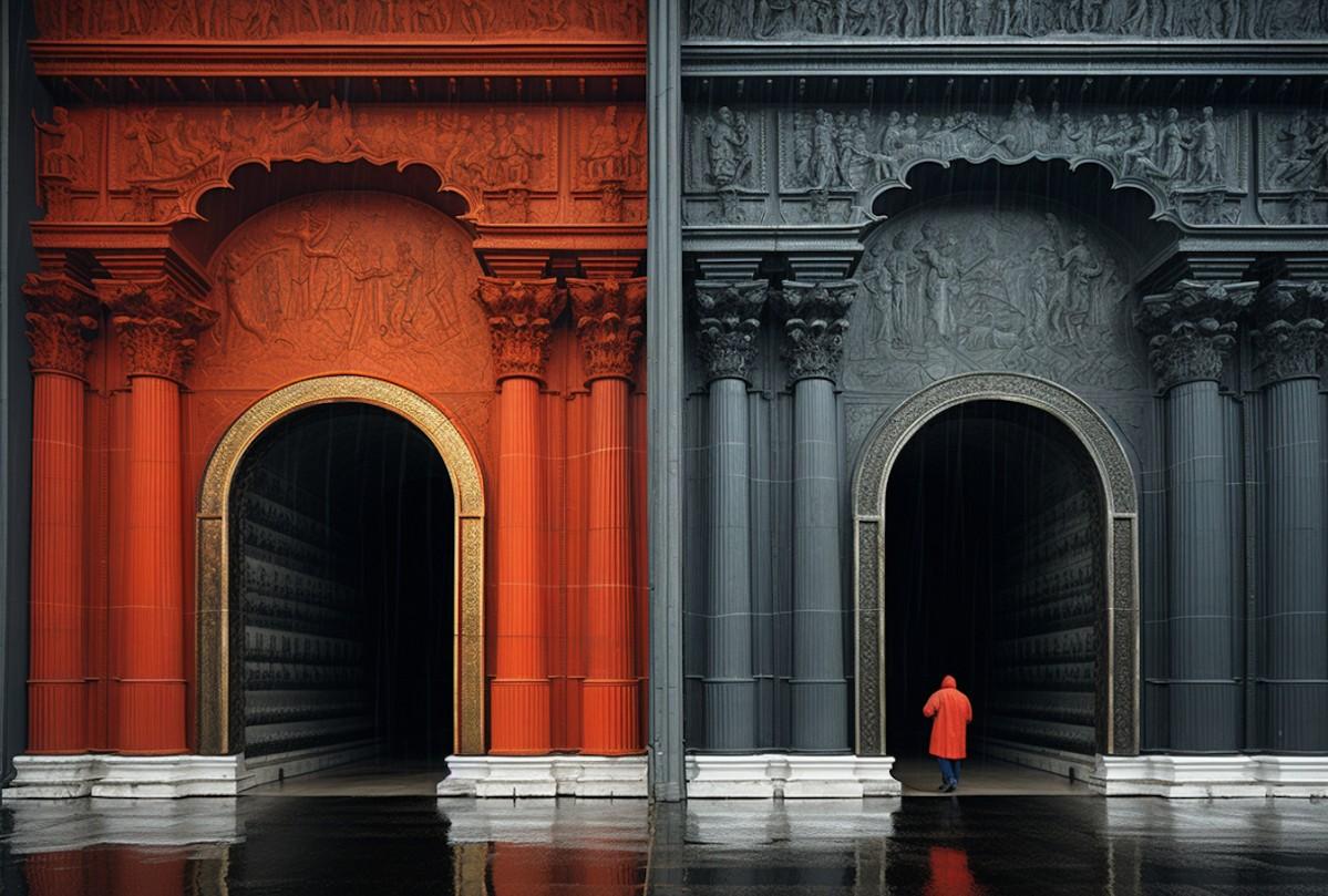 A person in an orange coat stands in front of a large arched door in a gray building with ornate carvings.