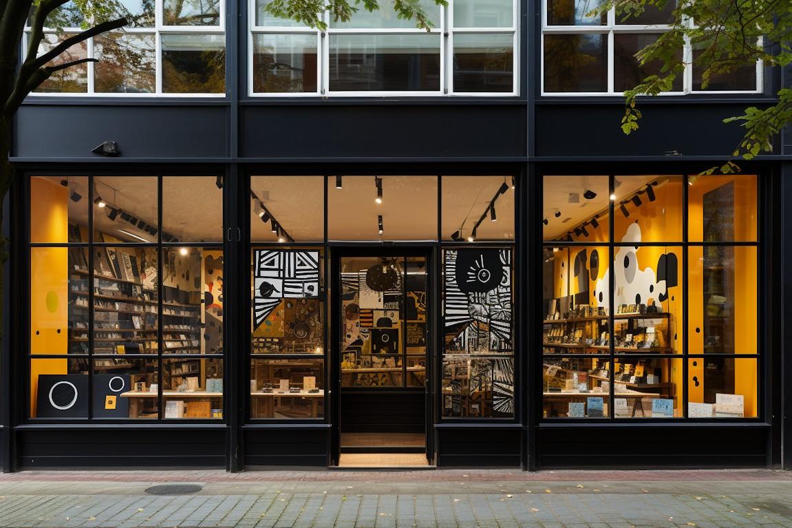 Urban storefront with black frames, vibrant yellow interior, and abstract black-and-white wall art.