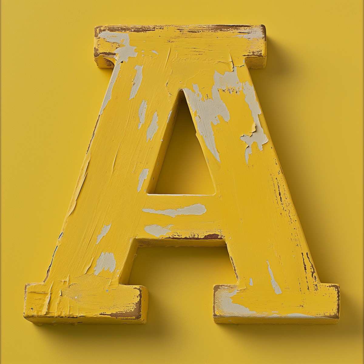 Painted wooden letter A in yellow with a distressed, weathered finish on a yellow background.