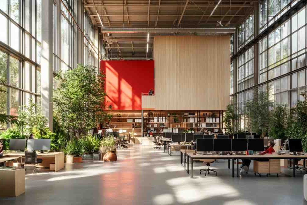 Bright modern office with tall windows, greenery, desks with multiple monitors, and a red and wood accent wall.