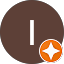 White letter I with an orange star badge on a brown circular background.