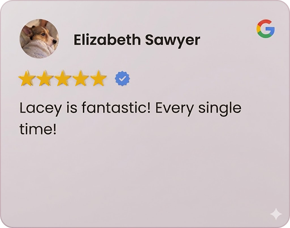 Google review by Elizabeth Sawyer with five stars and text saying Lacey is fantastic every single time.