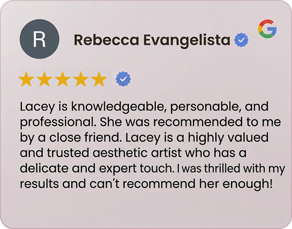 Review praising Lacey as knowledgeable, personable, and professional with a 5-star rating.