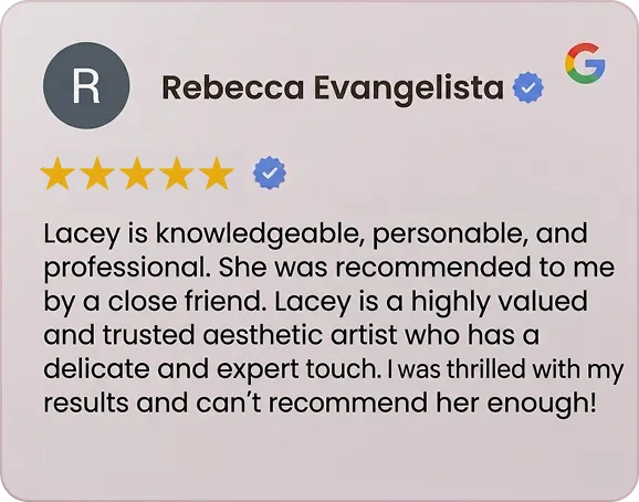 Review praising Lacey as knowledgeable, personable, and professional with a 5-star rating.