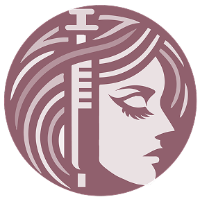 Side profile of a woman's face with closed eyes and stylized hair in a circular frame.