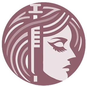 Side profile of a woman's face with closed eyes and stylized hair in a circular frame.