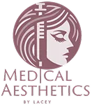 Profile illustration of a woman with long hair and text reading Medical Aesthetics by Kate.