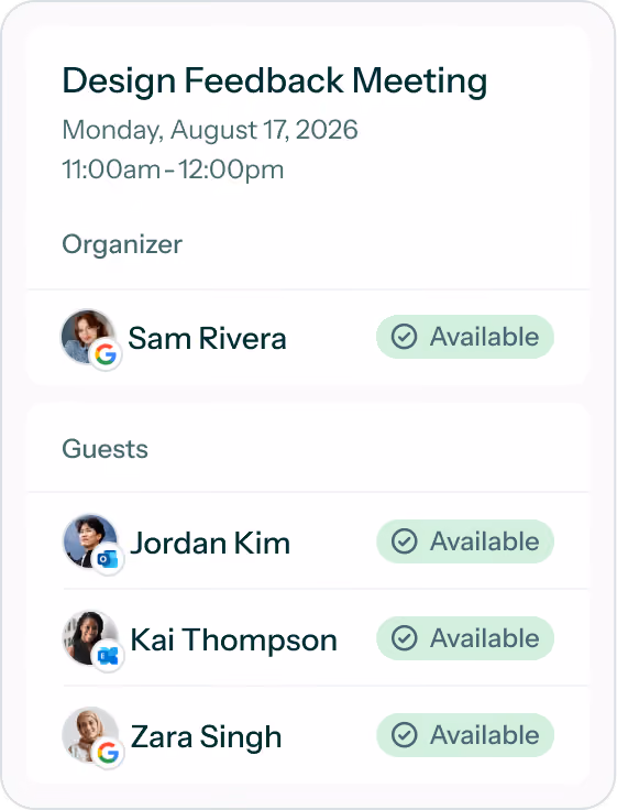 Meeting details UI for a Meeting on August 17, 2026, 11am-12pm with organizer Sam Rivera and guests Jordan, Kai, Zara.