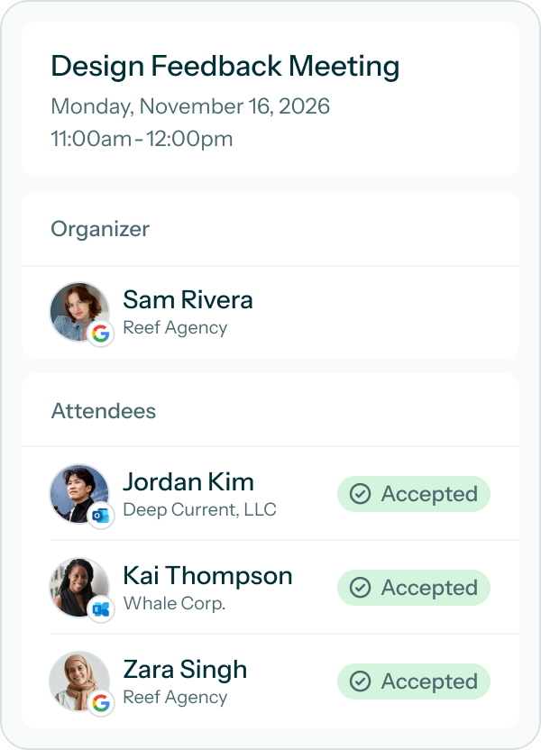 Meeting details UI for a Meeting on August 17, 2026, 11am-12pm with organizer Sam Rivera and guests Jordan, Kai, Zara.