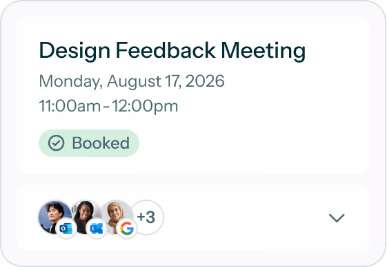 Design Feedback Meeting scheduled for Monday, August 17, 2026, 11am to 12pm, with attendees shown below.