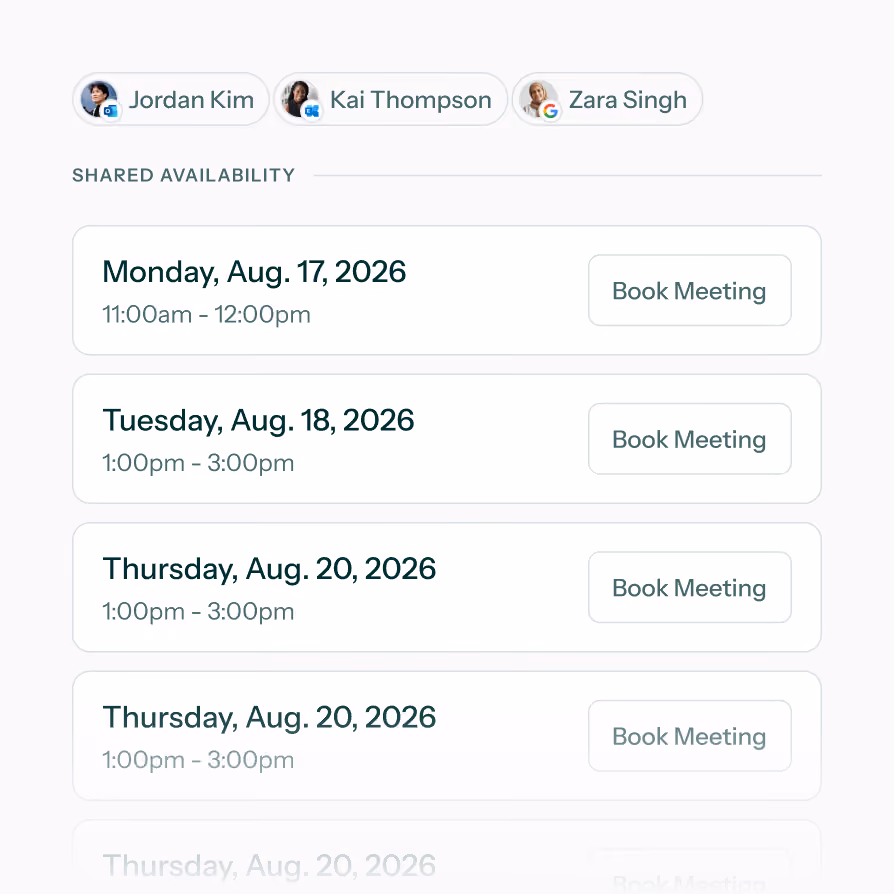 Shared availability for Jordan Kim, Kai Thompson, and Zara Singh with meeting slots Aug 17-20, 2026.