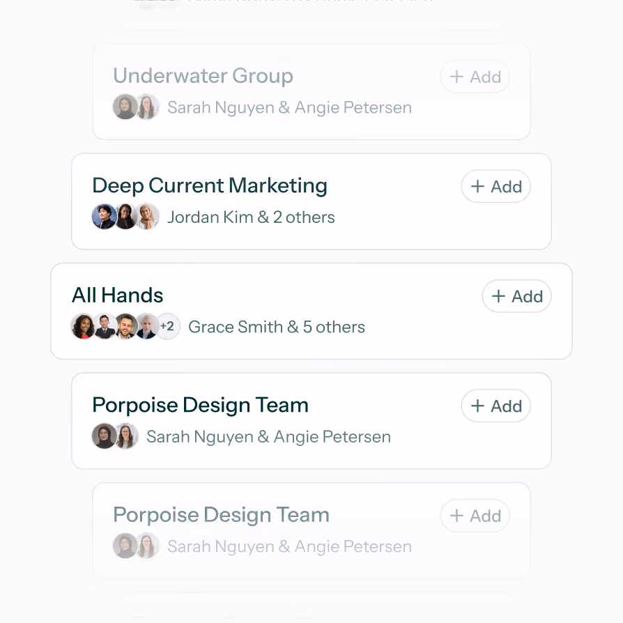 List of groups with members and add buttons: Underwater, Deep Current Marketing, All Hands, Porpoise Design Team.