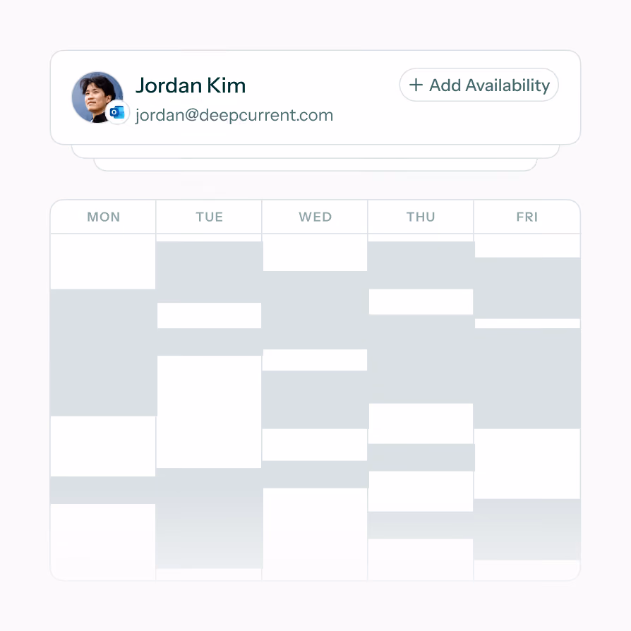 Schedule view showing days of the week and blocked time slots for Jordan Kim with email and add availability button.