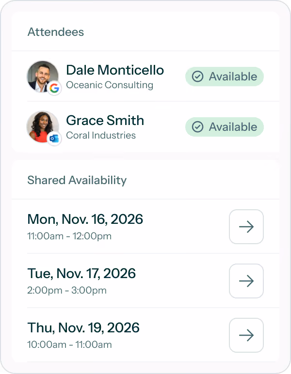 Event attendee list showing Dale Monticello and Grace Smith as available with shared availability dates in November 2026.