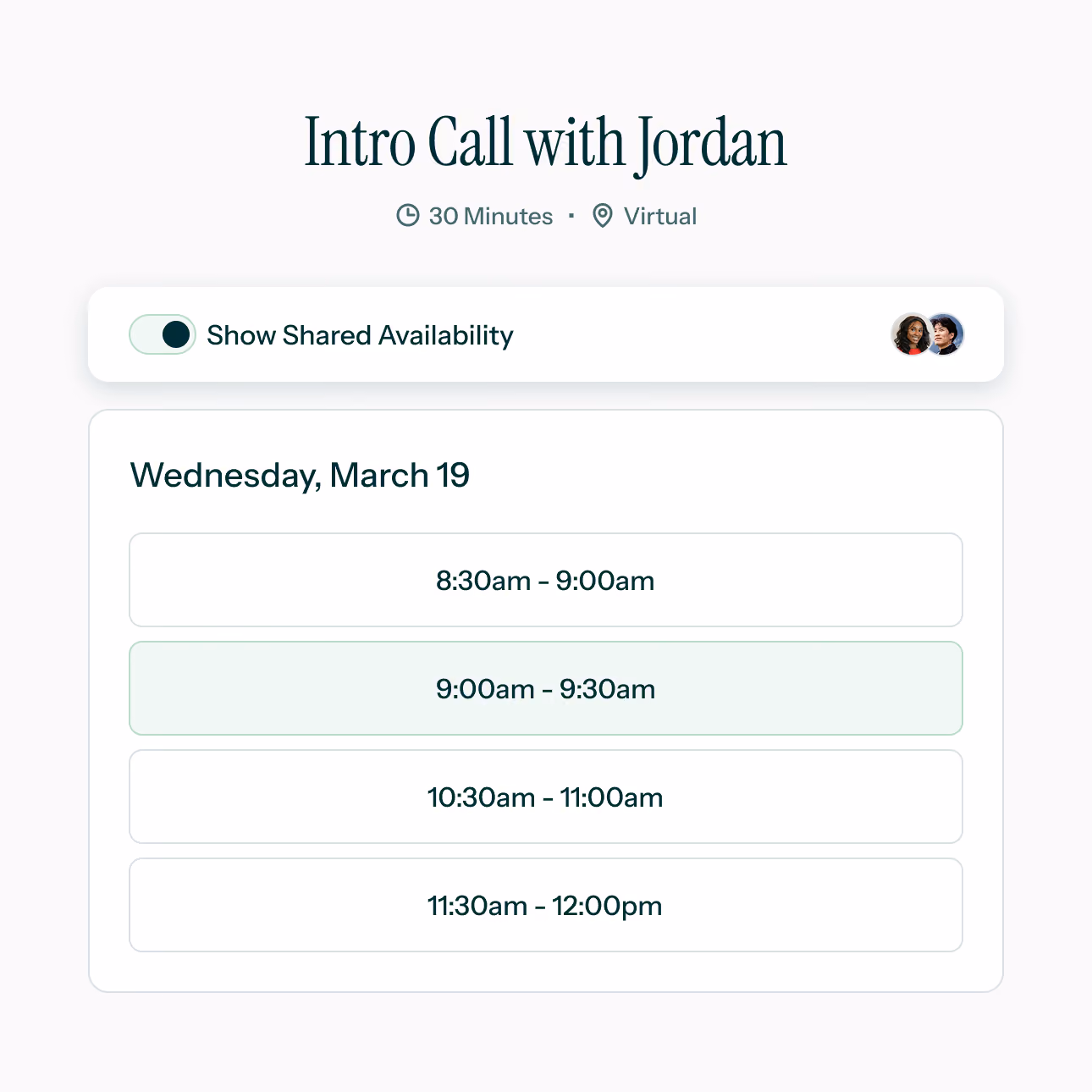 Scheduling interface for a 30-minute virtual intro call with Jordan showing available time slots on March 19.