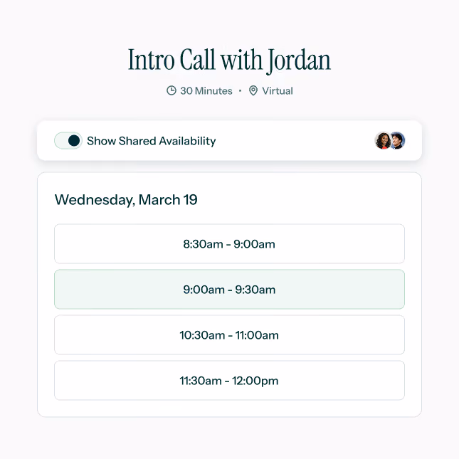 Scheduling interface for a 30-minute virtual intro call with Jordan showing available time slots on March 19.