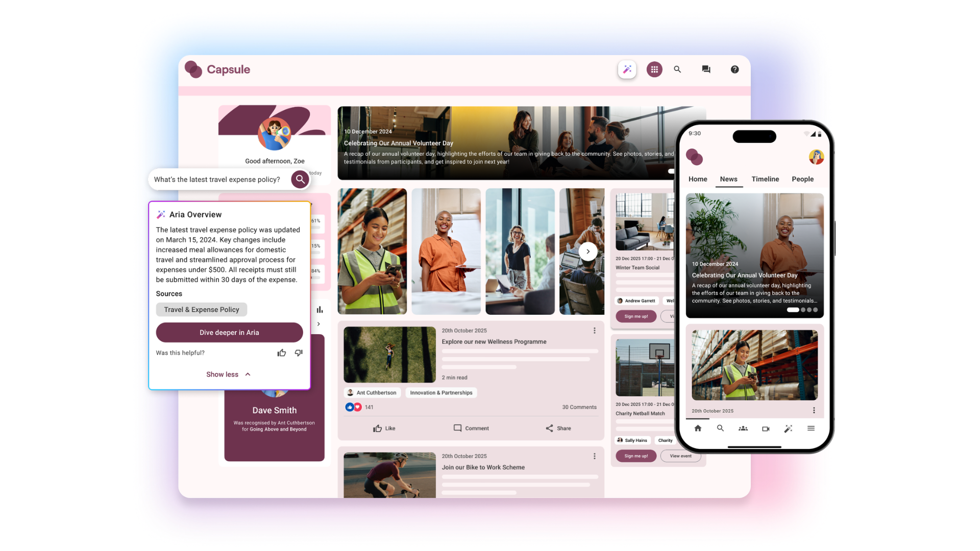 Screenshot of Oak's employee intranet across desktop and mobile.