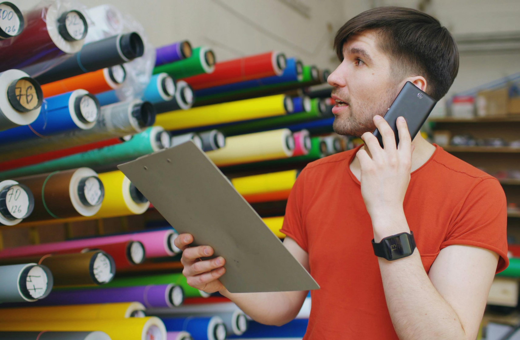 Retail worker calling international colleague