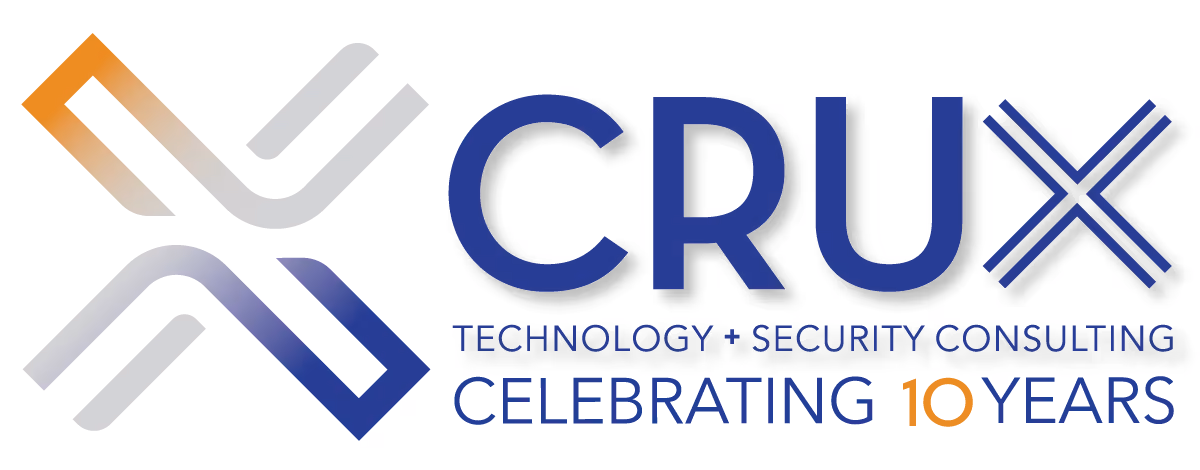CRUX logo with text Technology + Security Consulting and Celebrating 10 Years in blue and orange.