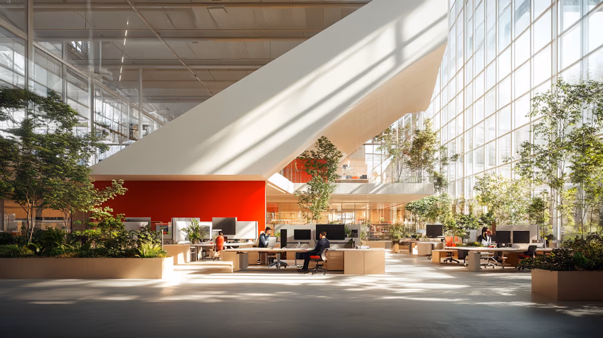 Modern open-plan office with greenery