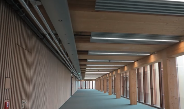 Modern hallway with wooden beams, floor-to-ceiling windows on one side, and vertical wood paneling on the other.