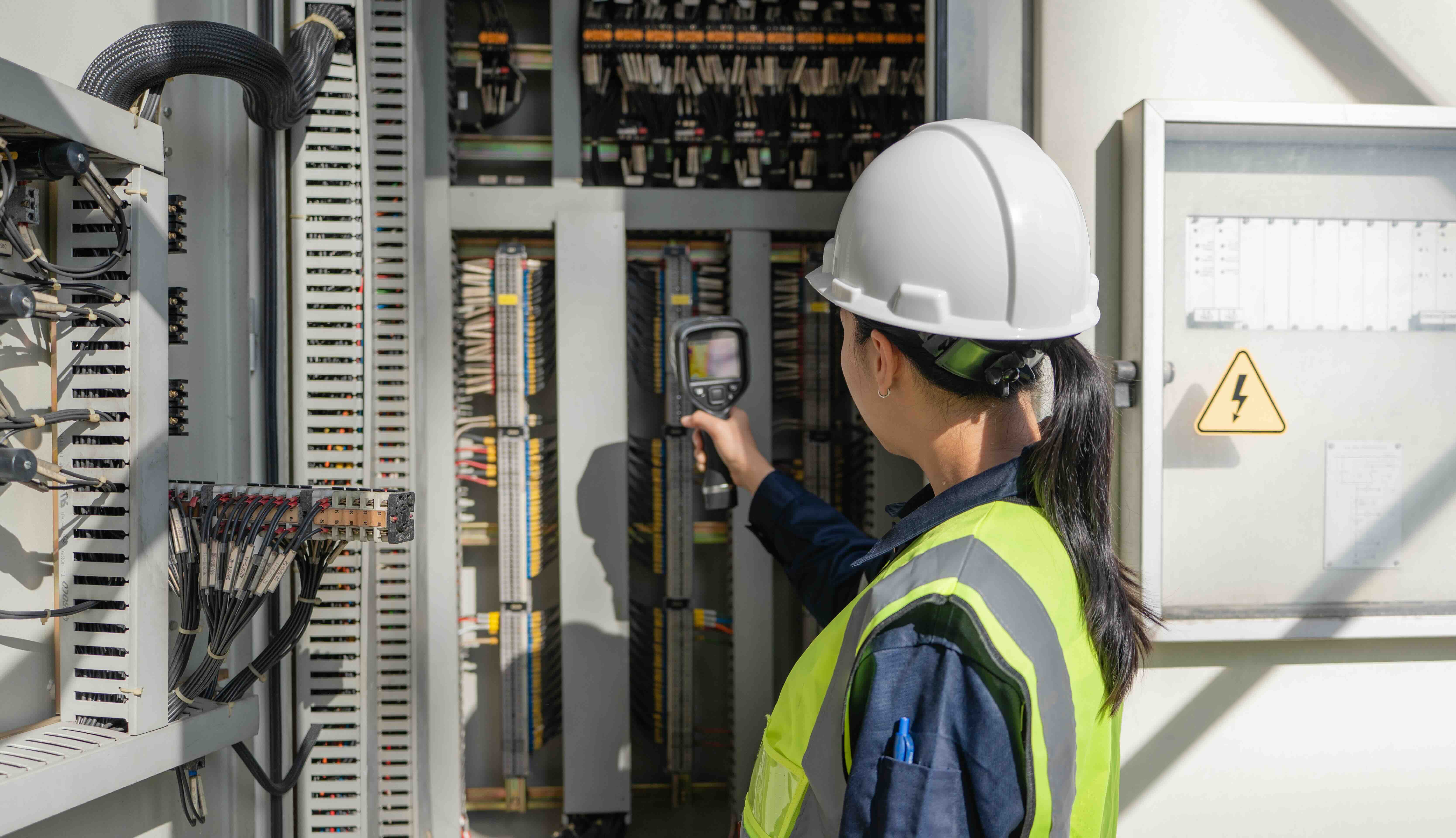 Technician using test equipment on building systems