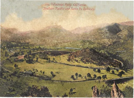 Vintage postcard of Tehachapi Pass and its railway loop, Southern Pacific and Santa Fe Railways