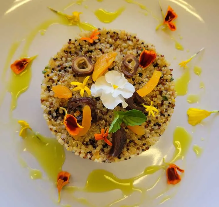 Plated quinoa salad with dried apricots, edible flowers, and herb oil drizzle