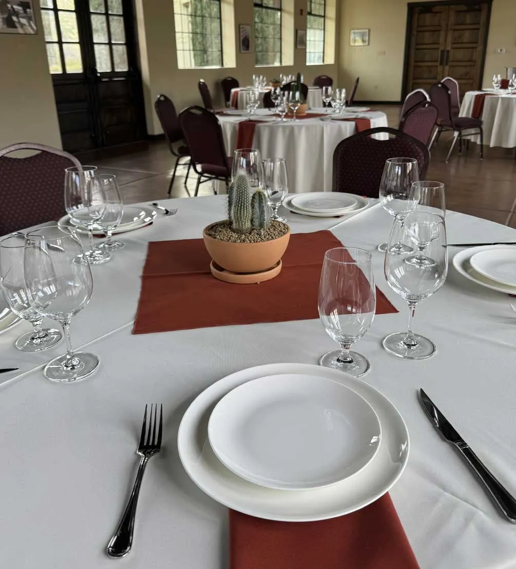 Round dining tables set with wine glasses, rust-red napkins, and potted cactus centerpieces