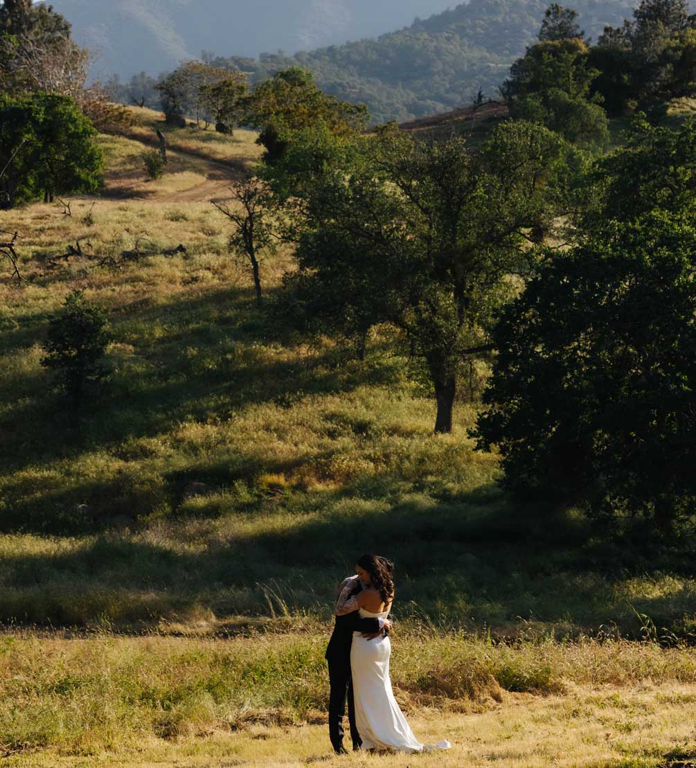 Bride and groom embracing in a golden meadow in the Tehachapi foothills