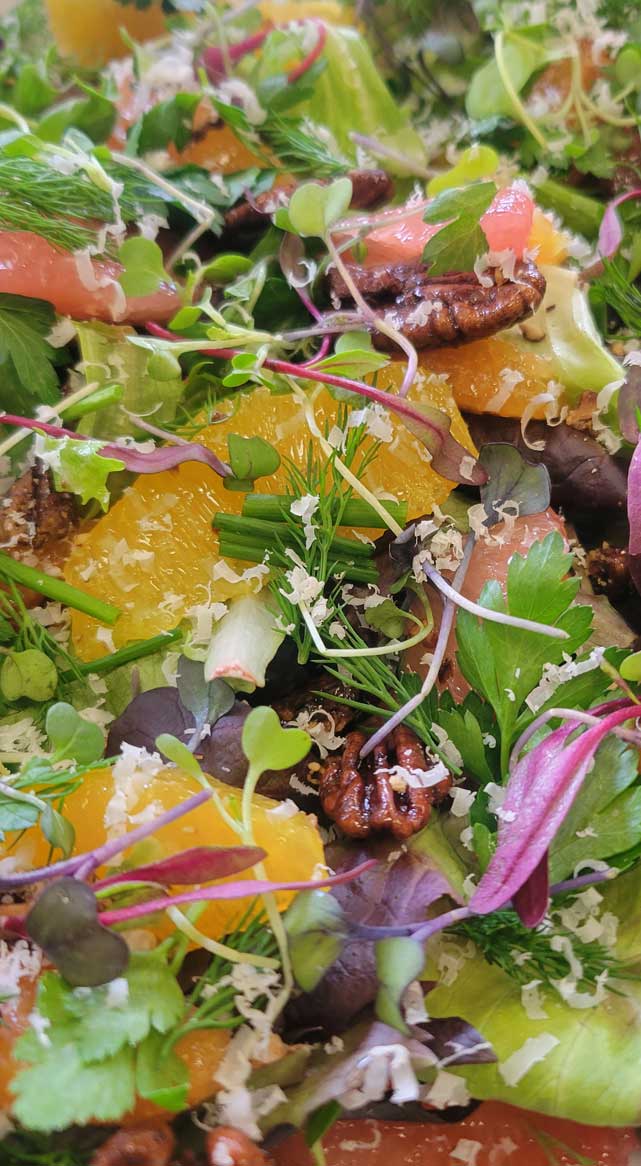 Fresh salad of mixed greens, herbs, and colorful edible garnishes