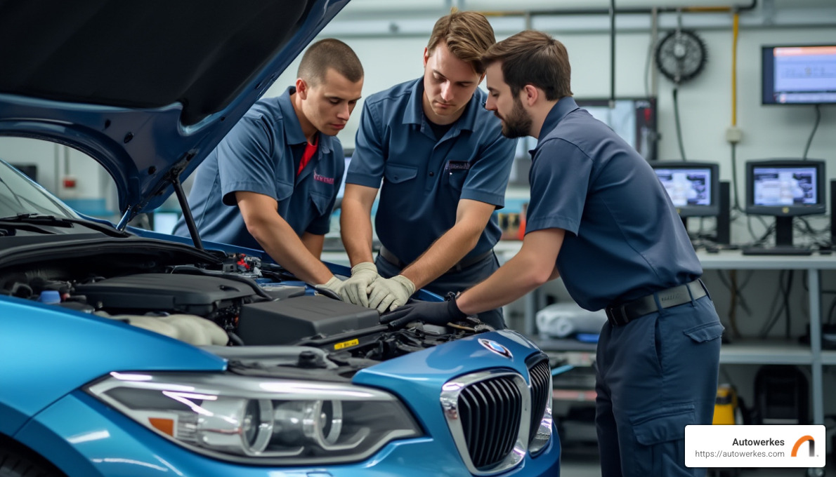 Trained technicians working on a BMW - bmw car maintenance near me