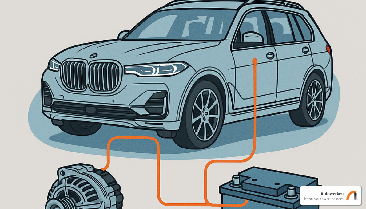 BMW X7 battery system diagram showing alternator and battery connection - bmw x7 battery replacement