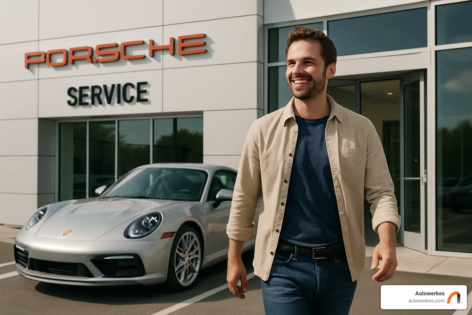 happy porsche owner leaving service center - Porsche diagnostic services