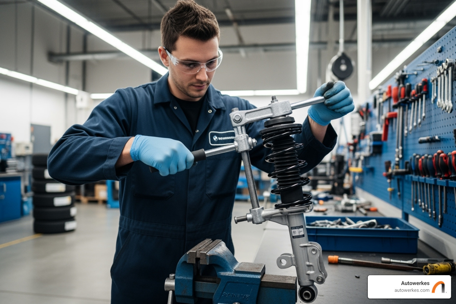 An Autowerkes technician safely using a spring compressor on a BMW strut in a clean workshop. - bmw shock replacement