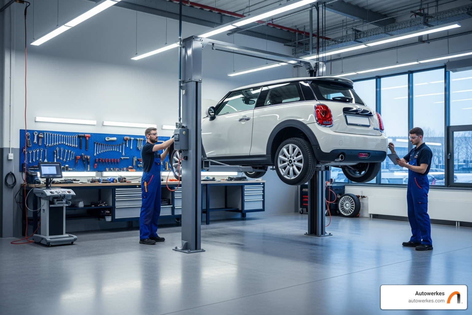 Autowerkes service bay with a MINI on a lift - mini cooper service