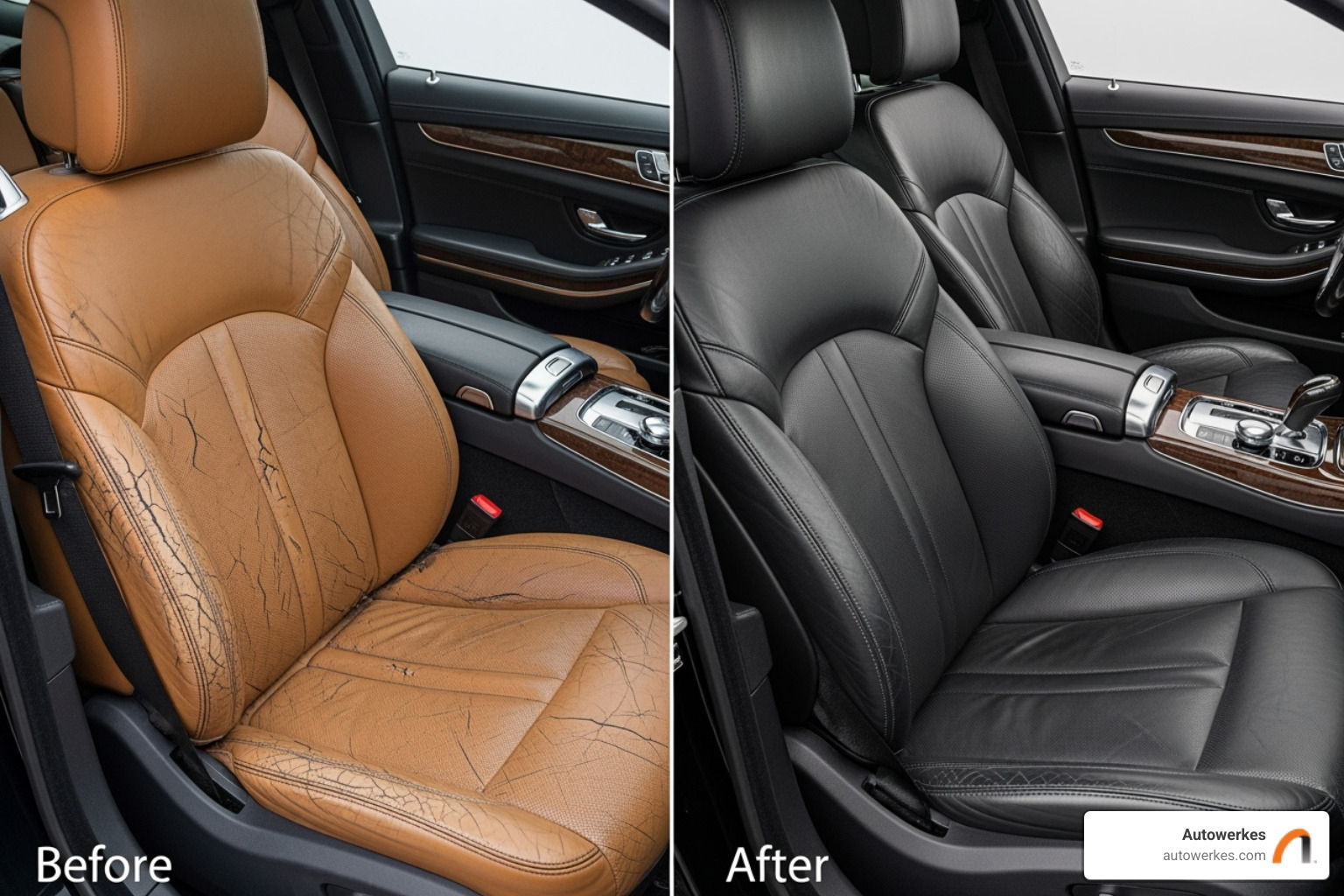 before and after repair on a luxury car's leather seat - auto interior repair
