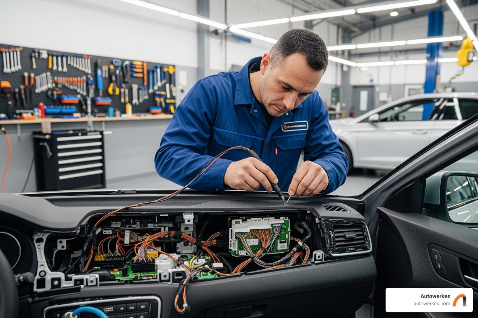 technician expertly repairing a car dashboard in a clean Autowerkes workshop - auto interior repair