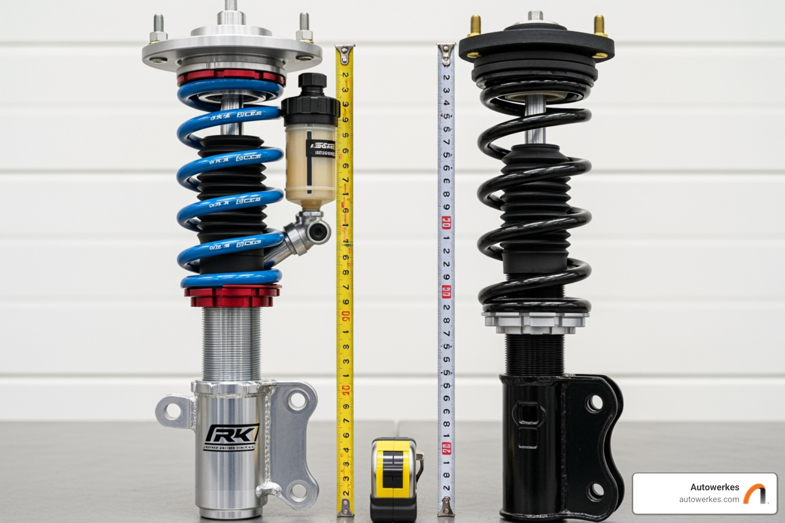 A performance coilover assembly next to a stock strut - Mini Cooper Countryman suspension