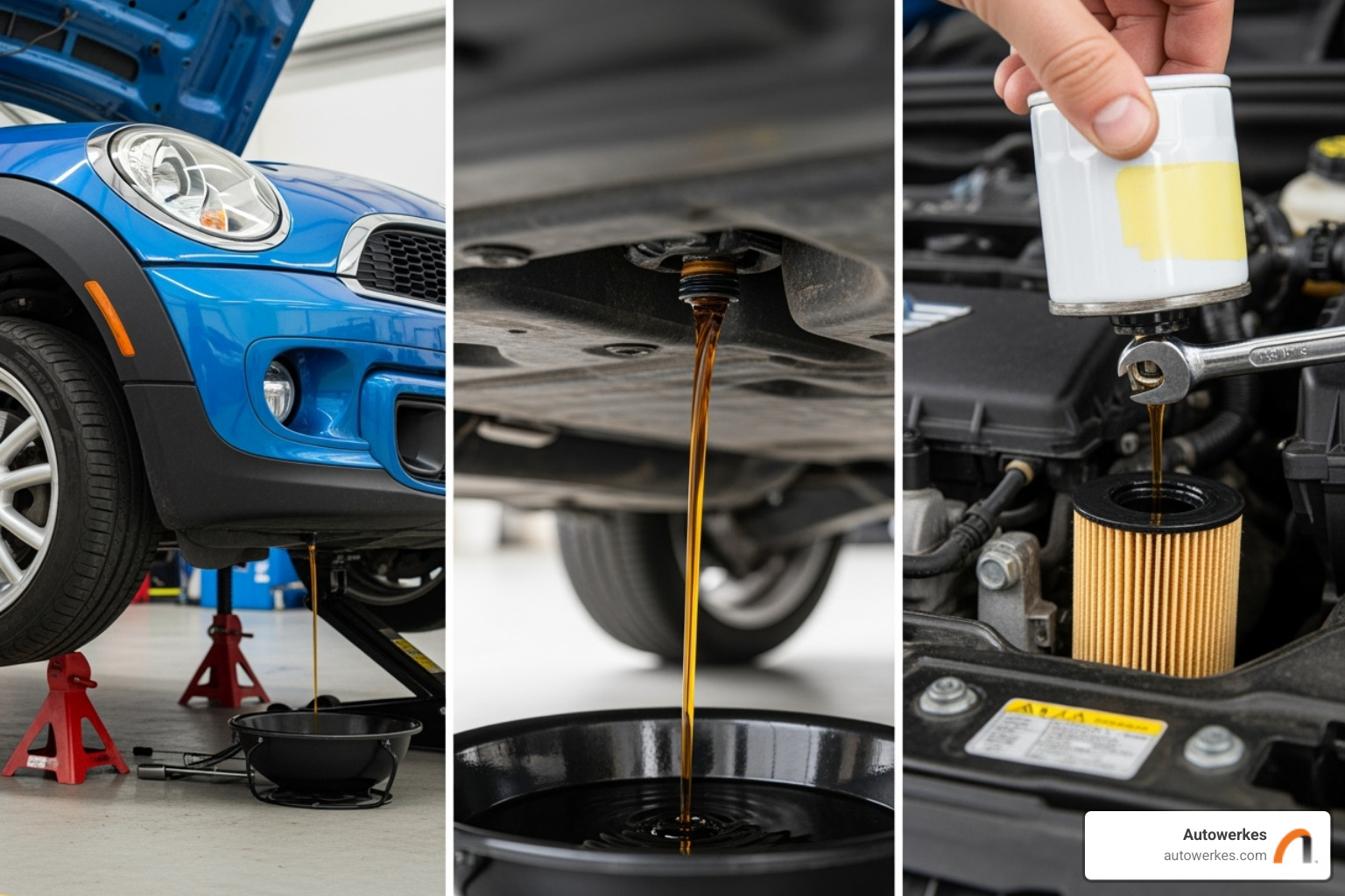 Collage showing a MINI Cooper safely on jack stands, oil draining into a pan, and a new oil filter being installed - mini cooper oil change