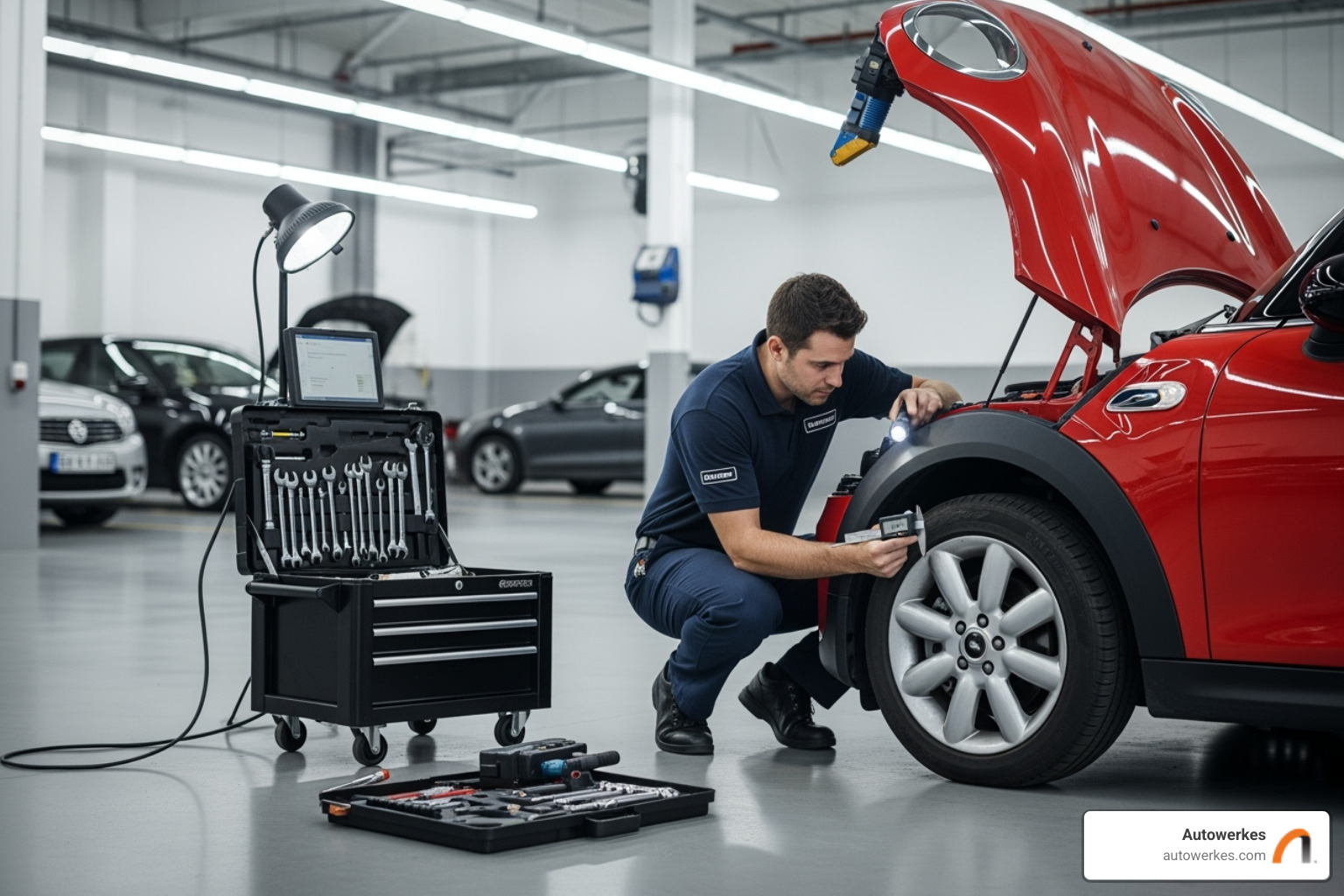 Autowerkes technician performing a multi-point inspection on a Mini Cooper - mini cooper auto shop Autowerkes technician performing a multi-point inspection on a Mini Cooper - mini cooper auto shop