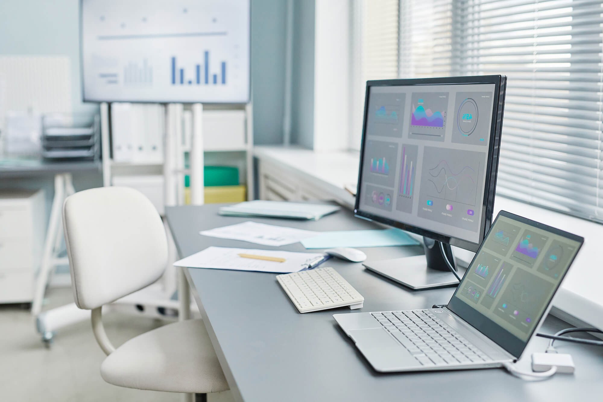 Business analytics displayed on a computer screen in an office.