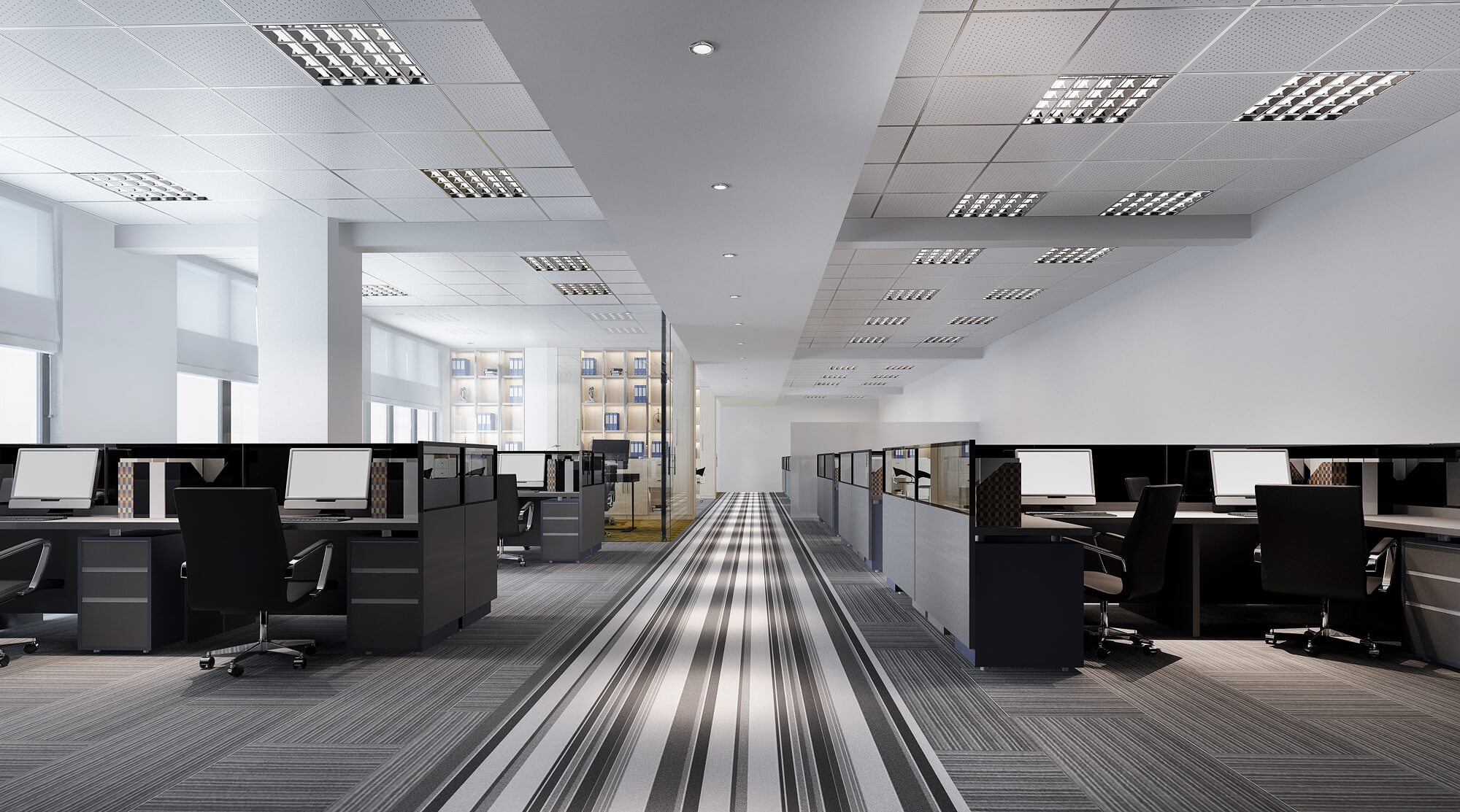 Modern business meeting room with conference table.